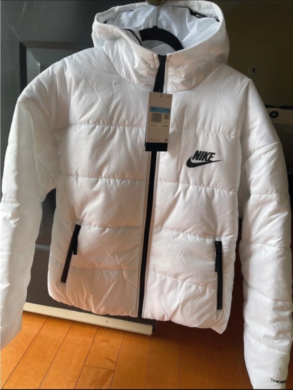 Nike White Hooded Puffer Jacket with Black Accents